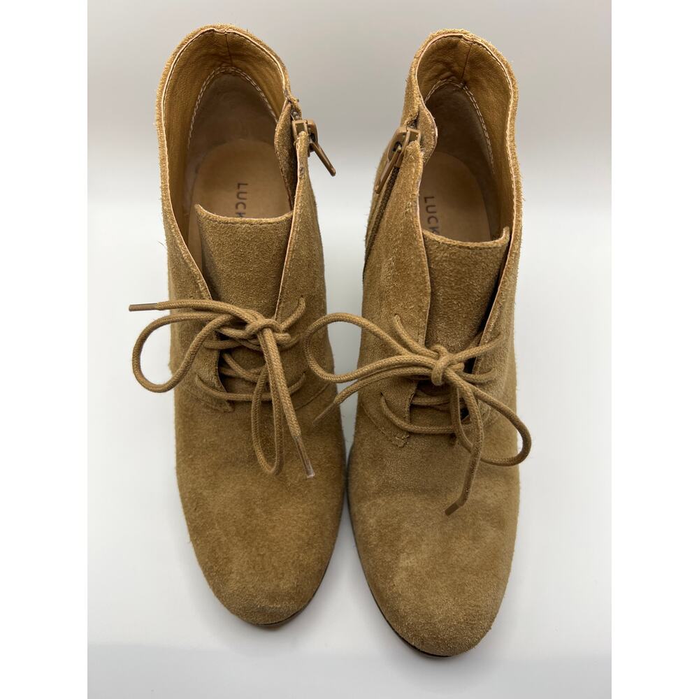 Lucky Brand Shylow Suede Wedge Booties Tan Lace Up Side Zip Boots Women 7.5 - Picture 4 of 7